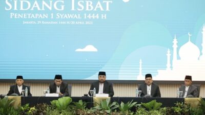 Menteri Agama Yaqut Cholil Qoumas memimpin sidang Isbat penetapan 1 Syawal 1444 H atau Hari Raya Idul Fitri 2023 jatuh pada Sabtu, 22 April 2023. Foto kemenag.go.id.