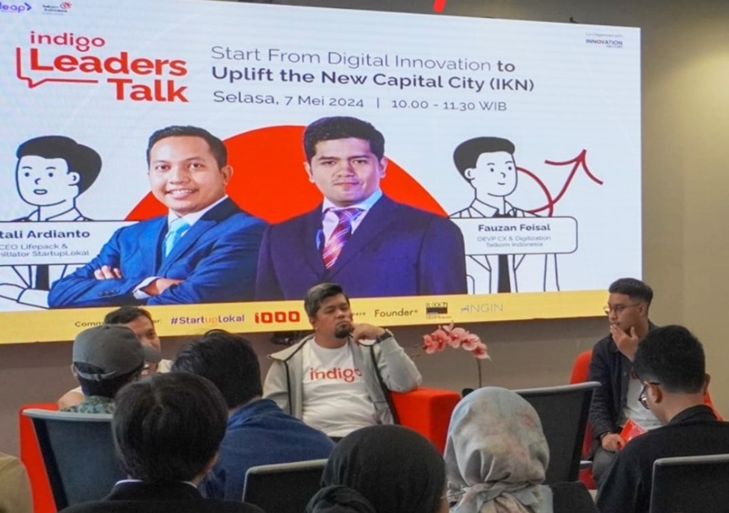 CEO Lifepack & Co-Initiator Startup Lokal, Natali Ardianto (paling kiri) dan Deputy EVP CX & Digitalization Telkom, Fauzan Feisal (tengah) dalam sesi diskusi Indigo Leaders Talk dan Startup Clinic bertajuk “Start from Digital Innovation to Uplift the New Capital City (IKN). Foto Istimewa.