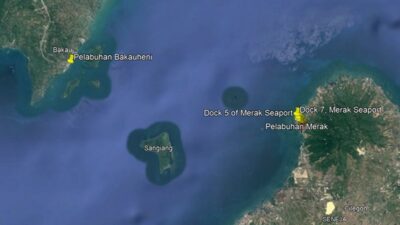 Jelang libur Nataru 2024/2025 armada kapal penyebarangan Merak-Bakauheni ditambah. Foto Google Earth.