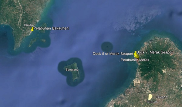 Jelang libur Nataru 2024/2025 armada kapal penyebarangan Merak-Bakauheni ditambah. Foto Google Earth.