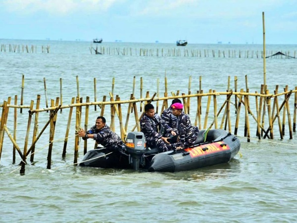 Prajurit TNI AL membongkar pagar laut di Tangerang sepanjang 30 Kilometer. Foto TNI AL.